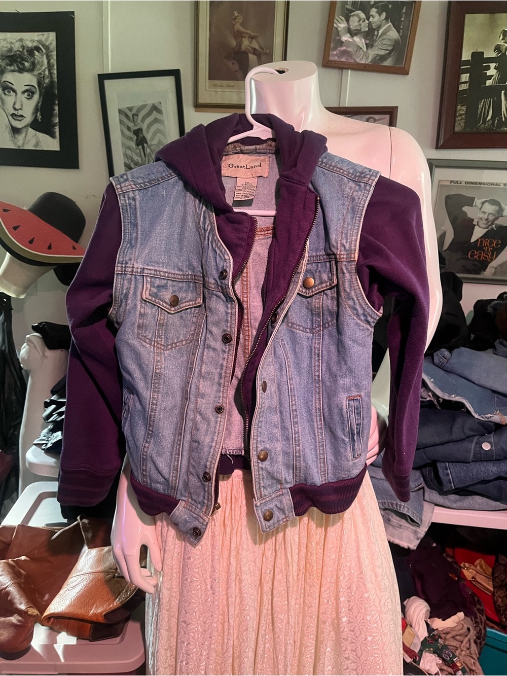 Girls' Layered Denim Jacket with Purple Hood -